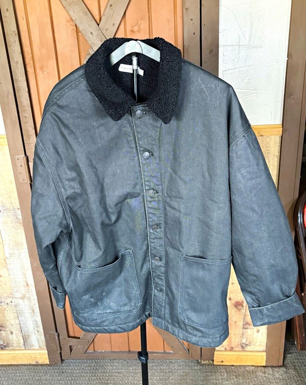 Calvin Klein Mens Black Denim Sherpa Collar Trucker Jacket Size L